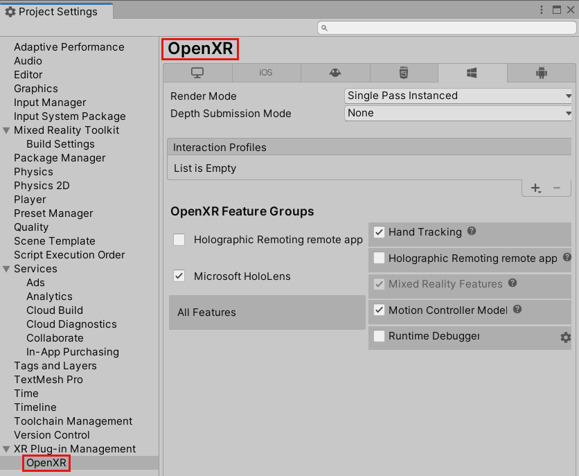 Captura de pantalla de la ventana Configuración del proyecto con la configuración de OpenXR mostrada.