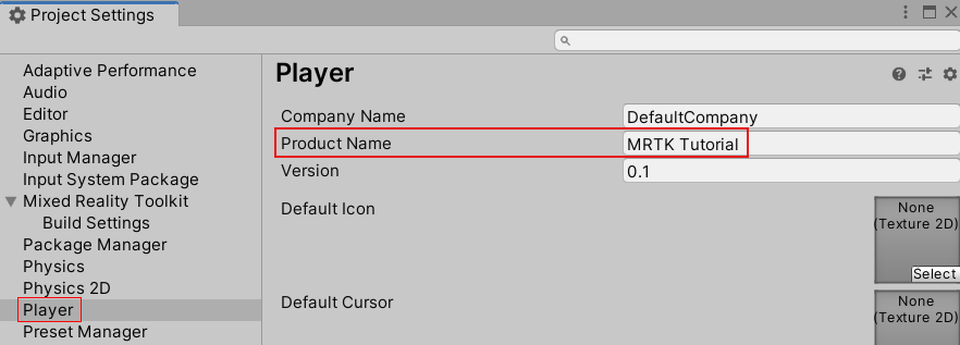 Captura de pantalla de la Configuración de publicación de Unity con la casilla Nombre de proyecto rellenada.