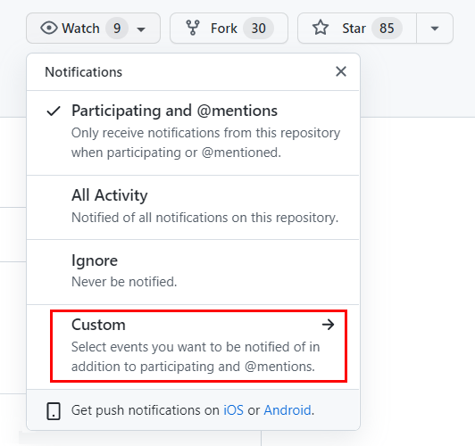 Captura de pantalla del menú Notificaciones de GitHub que se muestra y la opción de menú Personalizado seleccionada.