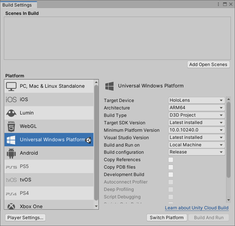 Captura de pantalla de la ventana Configuración de compilación abierta en el editor de Unity con Plataforma universal de Windows resaltado.