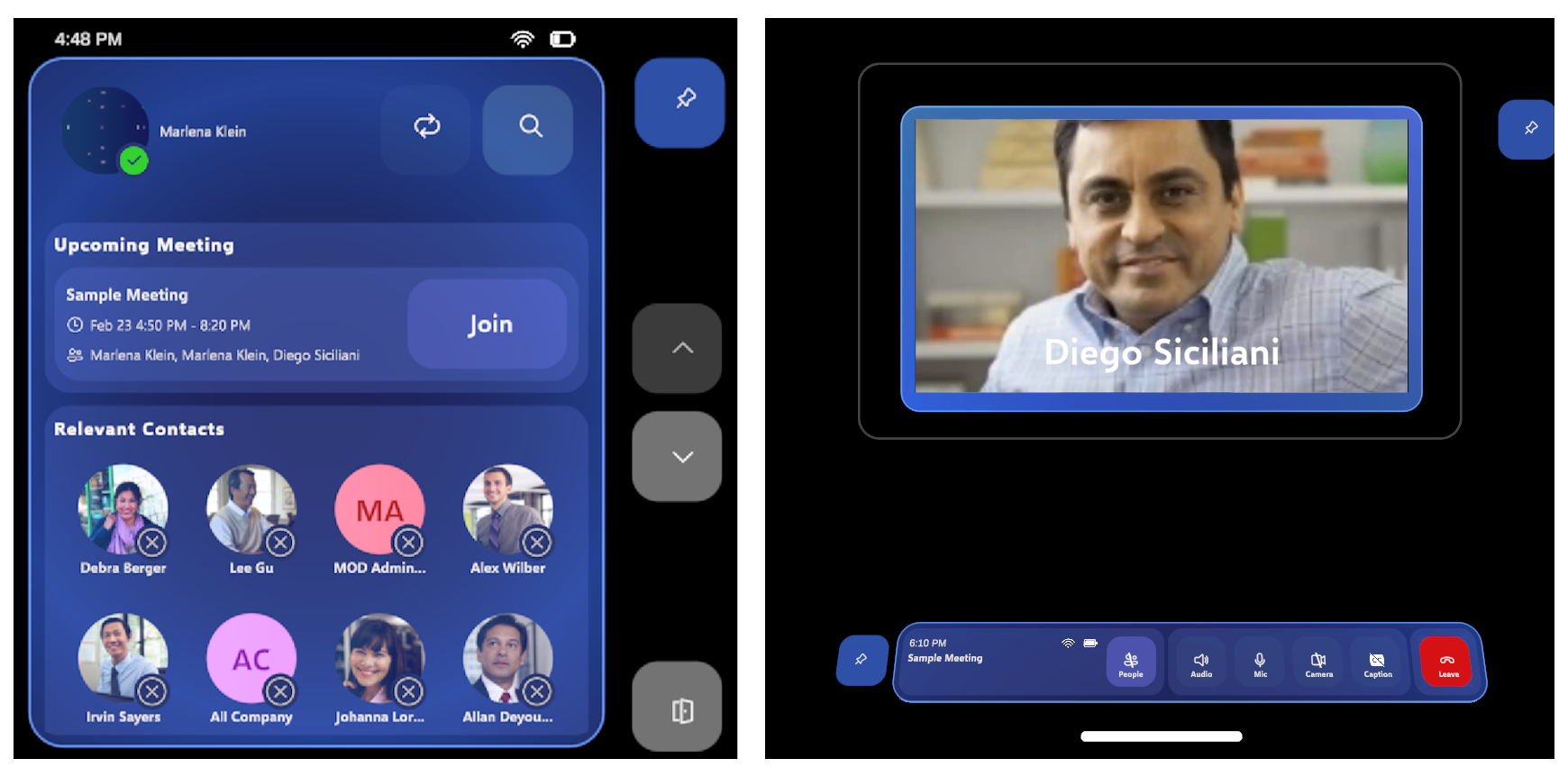 Captura de pantalla del panel principal y en la vista de llamadas de la Azure Communication Services Showcase.