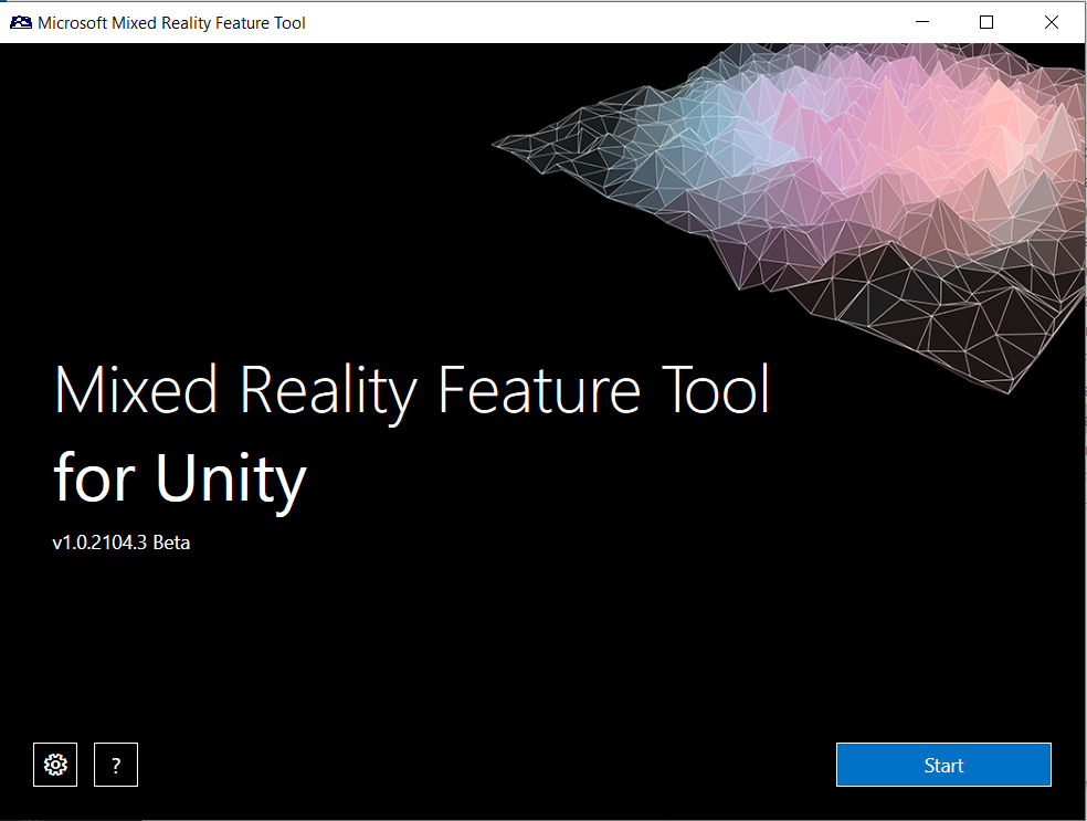 Captura de pantalla de la ventana de inicio de la herramienta de características de Mixed Reality.