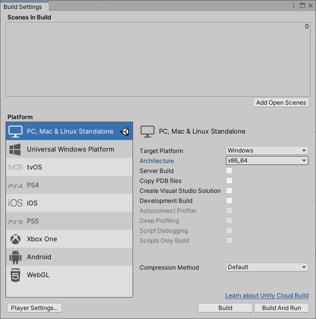 Captura de pantalla de la ventana Configuración de compilación abierta en el editor de Unity con PC, Mac & plataforma independiente resaltada
