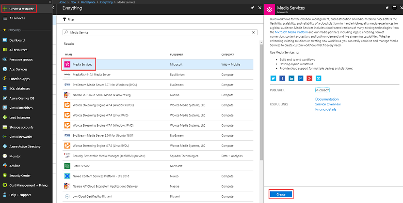 Captura de pantalla de Azure Portal. La opción Media Services está resaltada.