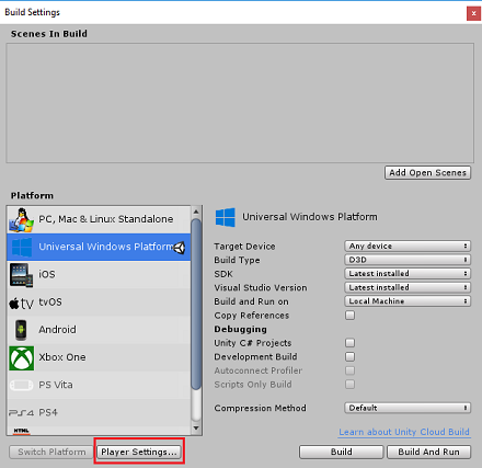 Captura de pantalla de la pantalla de configuración de compilación de Unity.