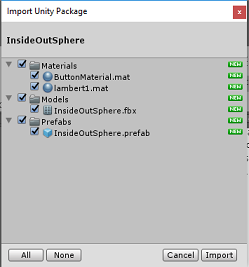 Captura de pantalla de la pantalla Importar paquete de Unity.