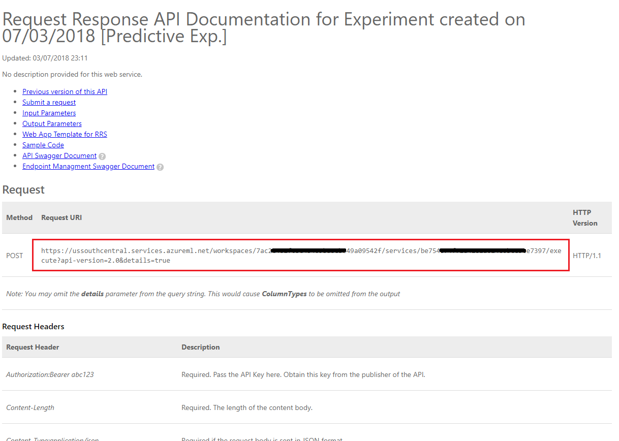 Captura de pantalla de la página de documentación de solicitud A P I, que muestra la solicitud U R I resaltada.