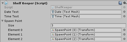 Captura de pantalla de la clase Shelf Keeper, que muestra que los destinos de referencia se establecen en Date Text Mesh y Time Text Mesh.