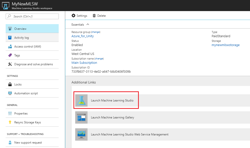 Captura de pantalla de la ventana de Microsoft Azure, que muestra el vínculo Iniciar Machine Learning Studio resaltado en el panel de contenido.