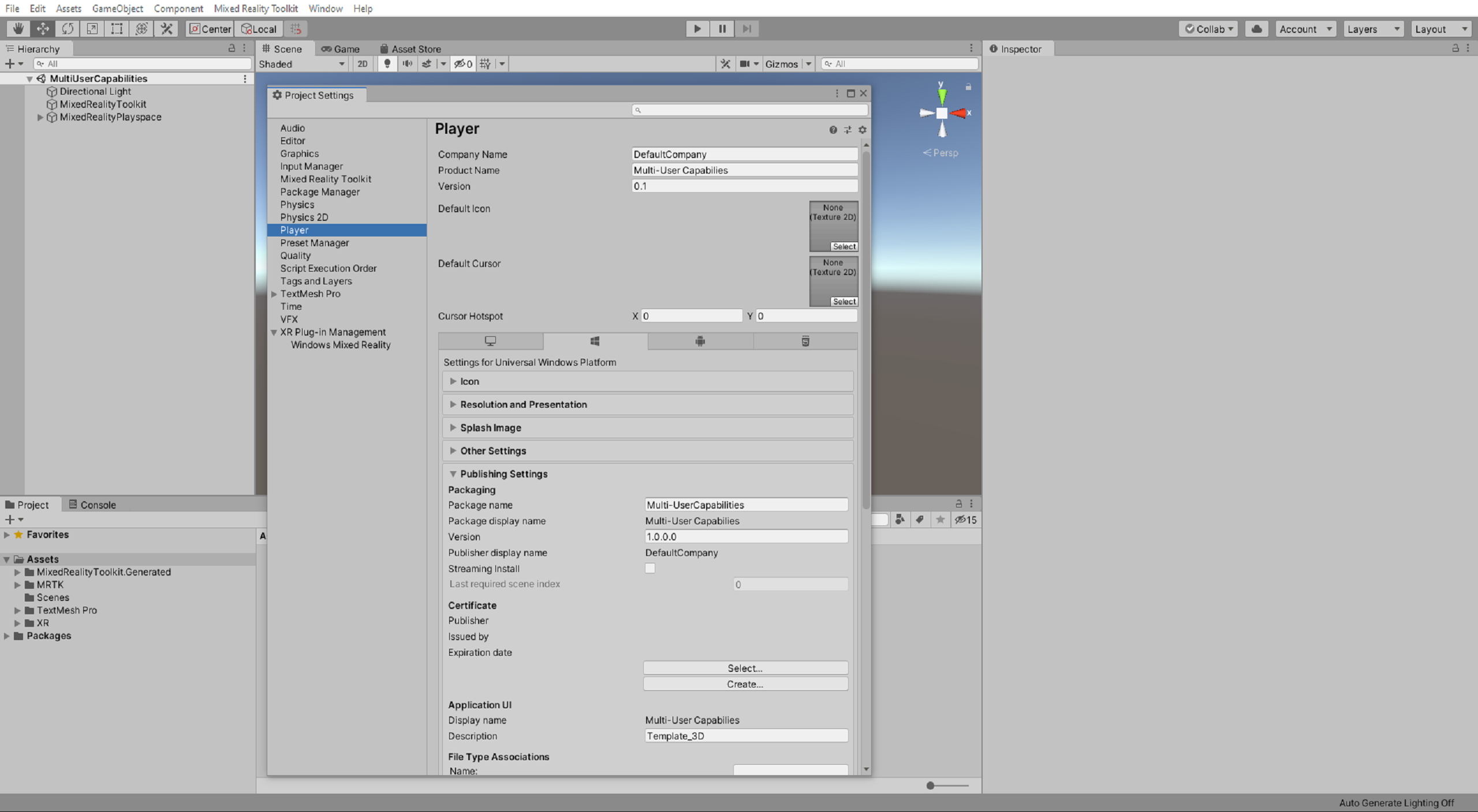 Player Settings (Configuración del reproductor) de Unity
