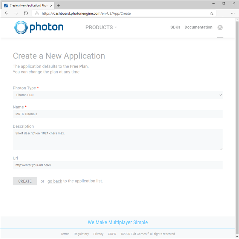 Página de creación de aplicaciones de Photon