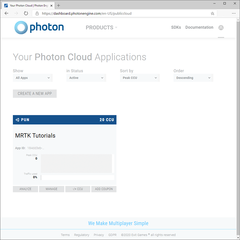 Página de la aplicación de Photon