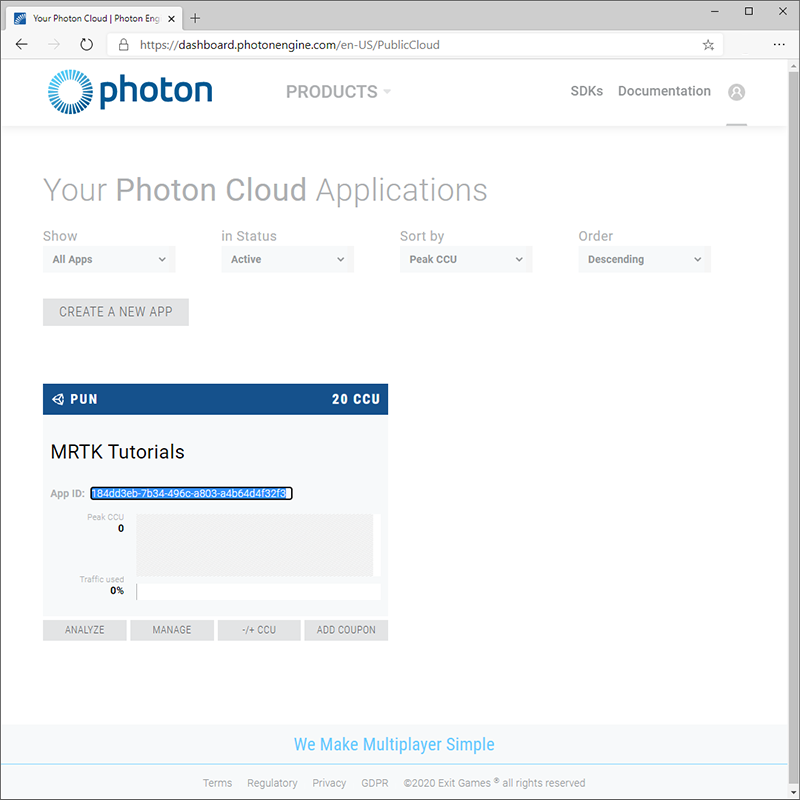 Página de la aplicación de Photon con el identificador de aplicación seleccionado