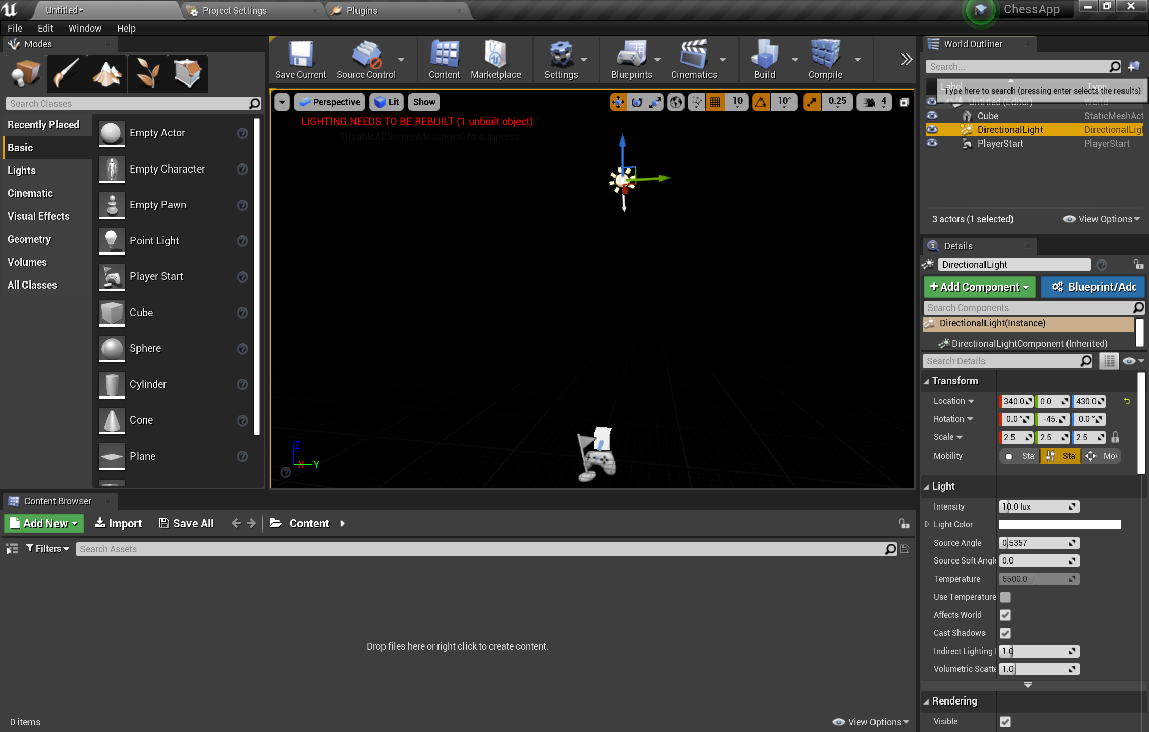Escena del editor de Unreal con un cubo y luz direccional agregada