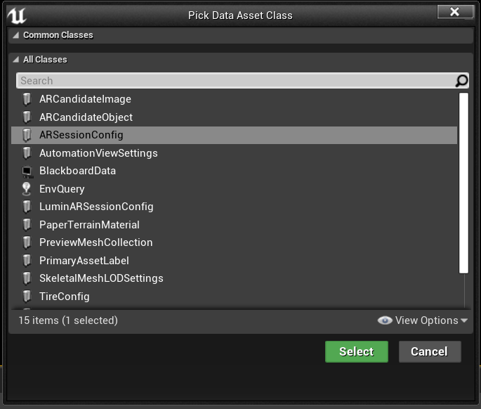 Ventana Pick data asset class (Seleccionar clase de recurso de datos) abierta con el recurso de configuración de sesión de AR resaltado