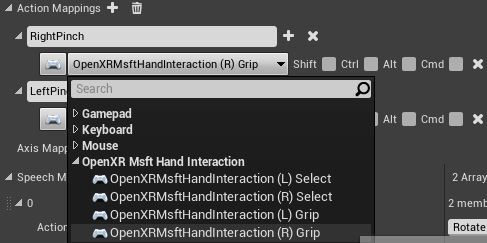 Asignaciones de acciones con las opciones de Open XR Msft Hand interaction resaltadas