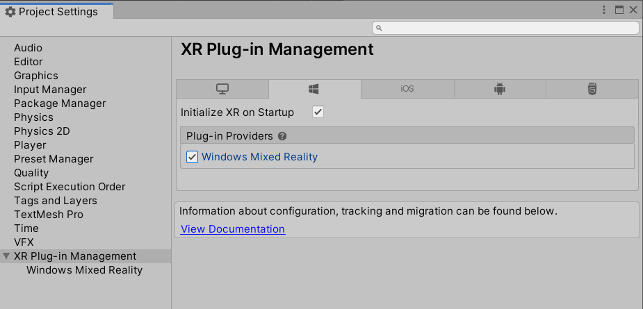 Administración de complementos XR con la pestaña Windows seleccionada