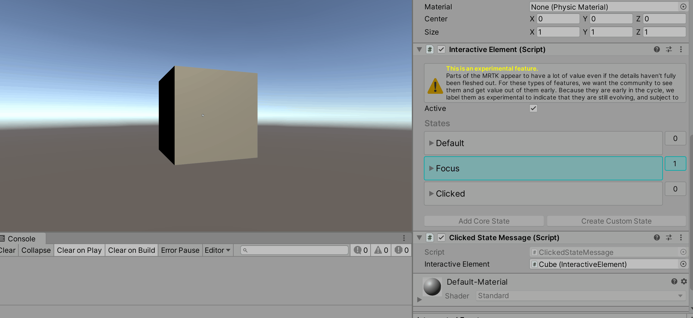 el que se ha hecho clic en estado con interacciones de manos virtuales