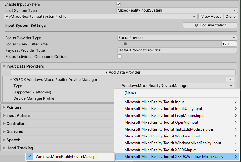 Configuración de entrada del SDK de XR