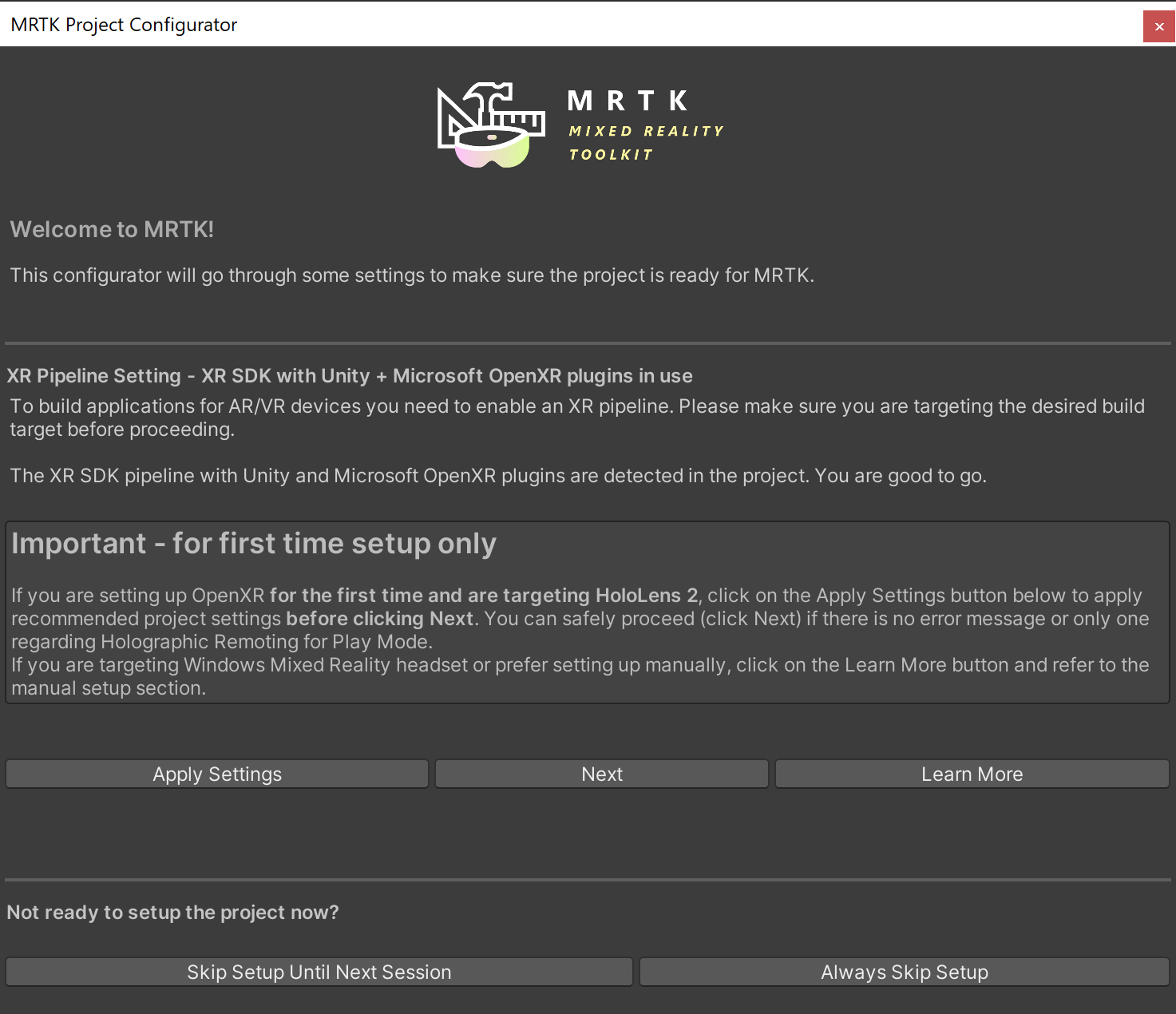 Ventana del configurador con instrucciones de configuración de OpenXR