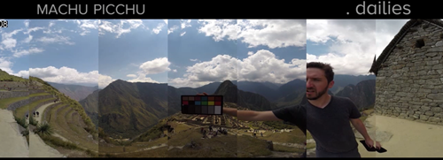 Un corte rugoso de Machu Picchu mostrando la tarjeta de corrección de color.
