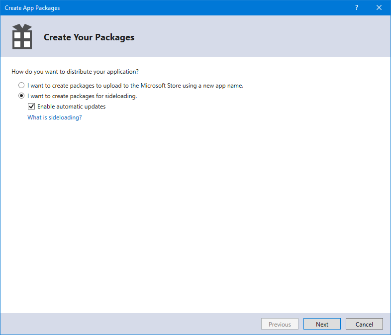 Create Your Packages dialog window shown