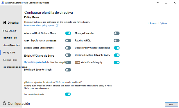 Interfaz de usuario de opciones de regla para la directiva de modo permitido de Windows.