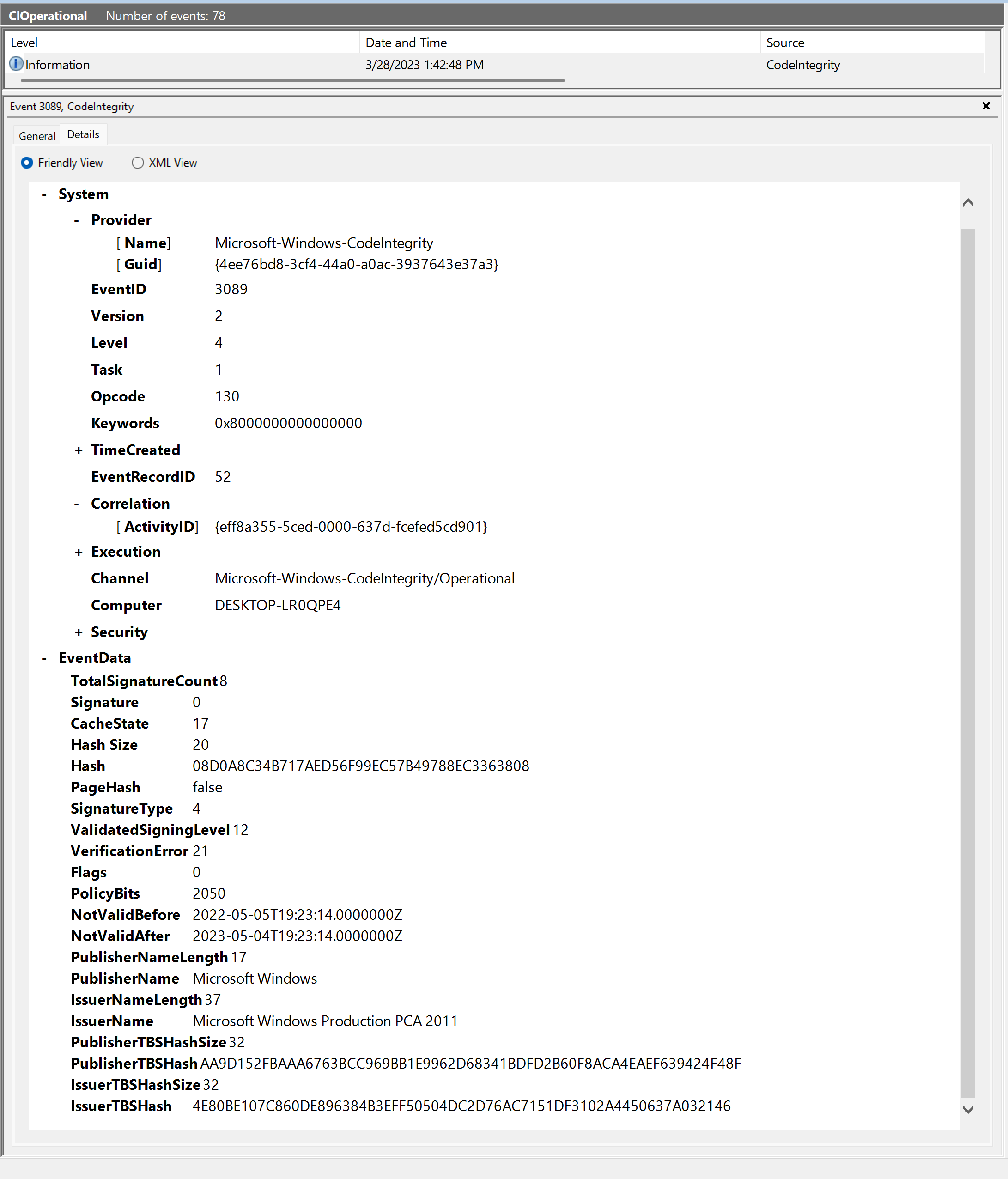 Ejemplo 3089 de evento de información de firma para PowerShell.exe.