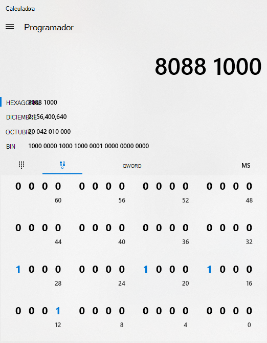 Ejemplo de la aplicación de calculadora en modo de programador, con un código hexadecimal convertido en binario.