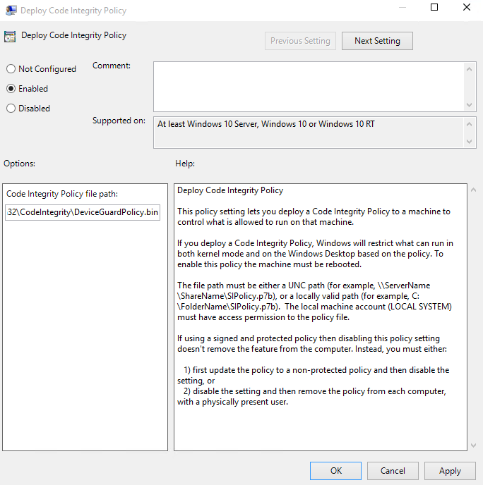 directiva de grupo denominado Deploy Windows Defender Application Control( Implementar Windows Defender control de aplicaciones).