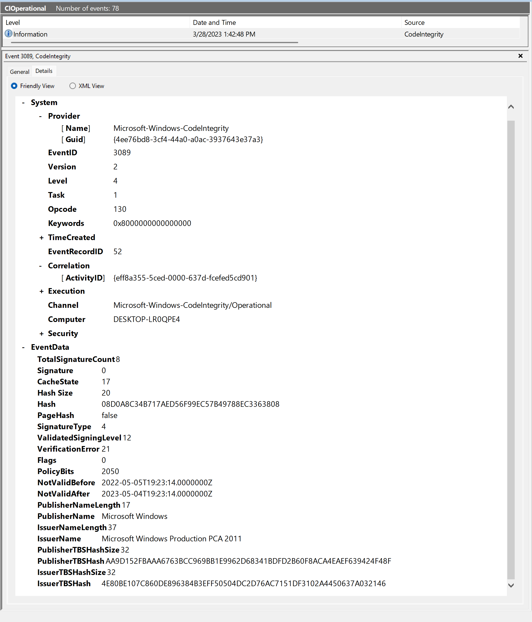 Ejemplo de evento de información de firma 3089 para PowerShell.exe.