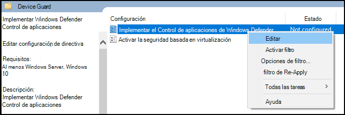 Edite el directiva de grupo para Windows Defender Control de aplicaciones.