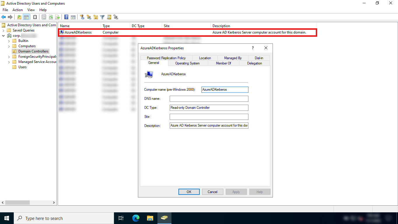 Captura de pantalla de la consola de Usuarios y equipos de Active Directory, en la que se muestra el objeto de equipo que representa el Microsoft Entra servidor Kerberos.