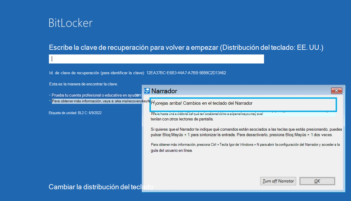 Captura de pantalla de la pantalla de recuperación de BitLocker en la que se muestra el Narrador activado.