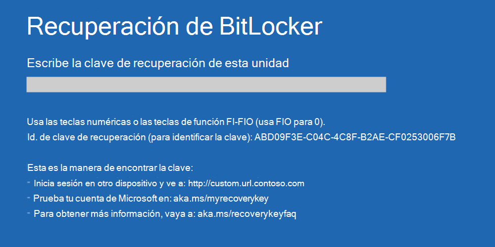 Ejemplo 1 de pantalla de recuperación personalizada de BitLocker.