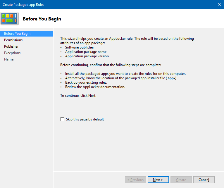 Cree un Asistente para reglas de aplicaciones empaquetadas y muestre la página Antes de comenzar.