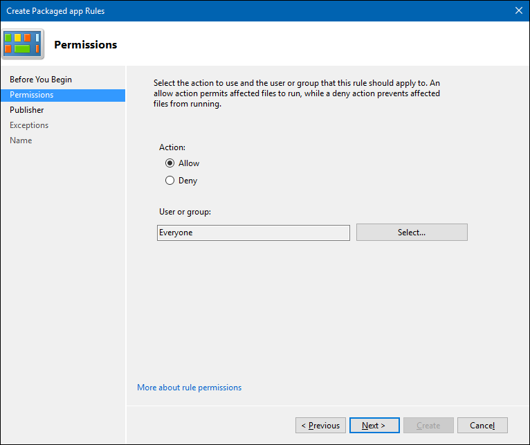 Asistente para crear reglas de aplicaciones empaquetadas, establezca la acción en Permitir.