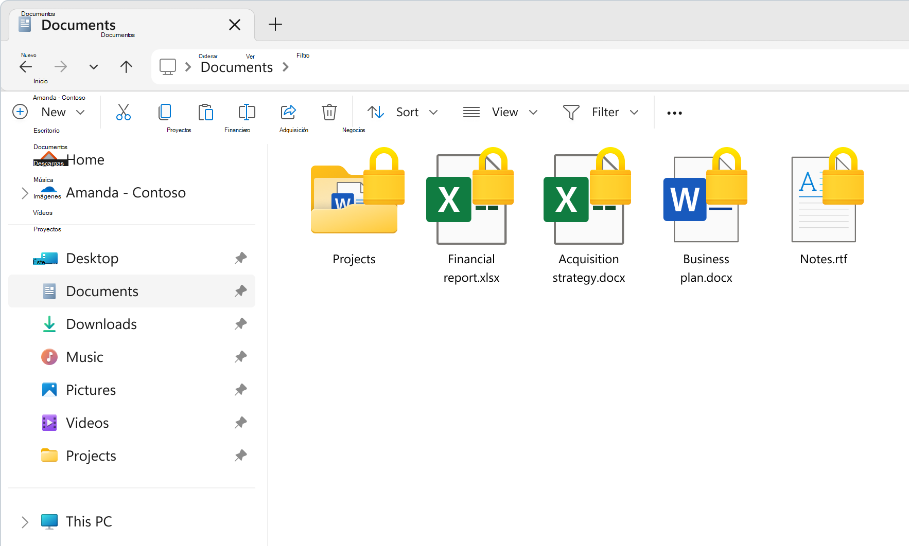 Captura de pantalla de Explorador de archivos con algunos archivos protegidos por el cifrado de datos personales, mostrando un candado.