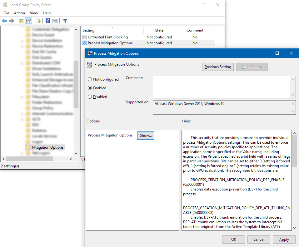 Captura de pantalla del editor de directiva de grupo: Opciones de mitigación de procesos con la configuración habilitada y el botón Mostrar activo.
