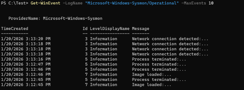 Muestra una salida que consulta eventos Sysmon en PowerShell y observa los eventos.