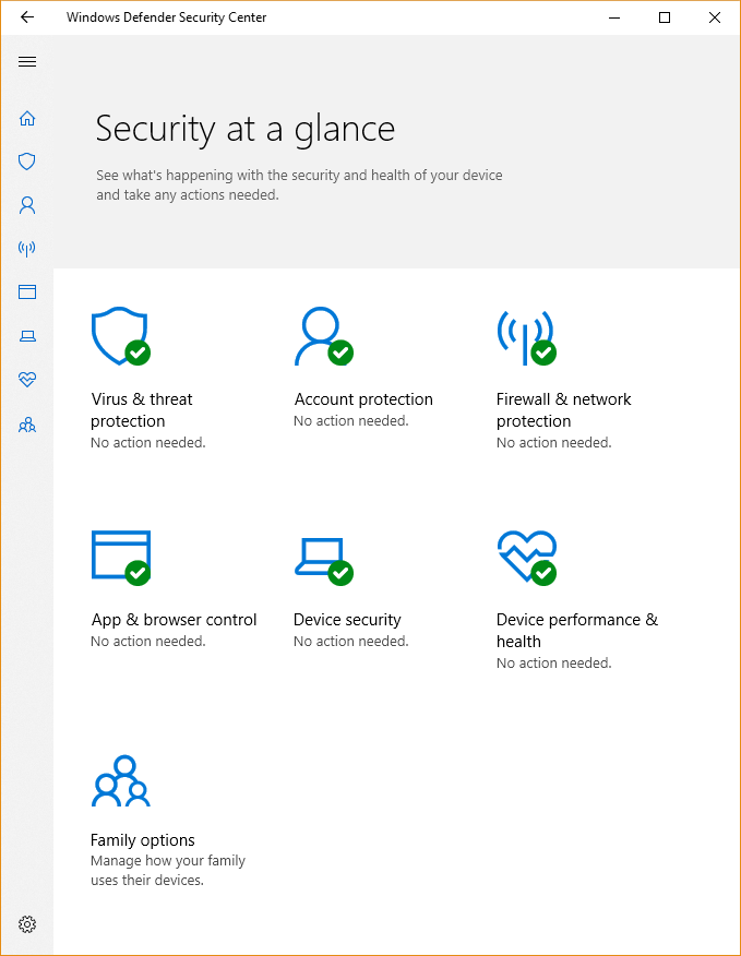 Captura de pantalla del Seguridad de Windows que muestra que el dispositivo está protegido y cinco iconos para cada una de las características.