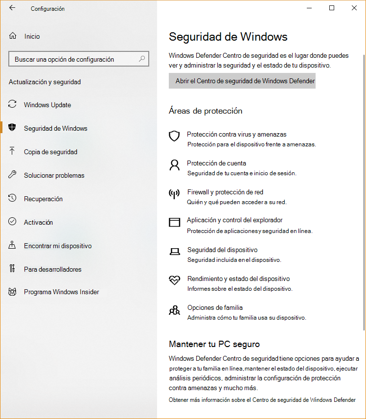 Captura de pantalla de configuración de Windows que muestra las distintas áreas disponibles en el Seguridad de Windows.