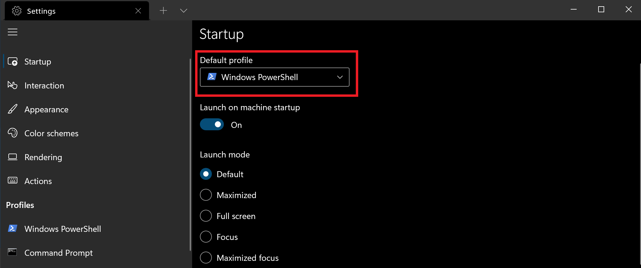 Captura de pantalla del perfil predeterminado de la configuración de Terminal Windows