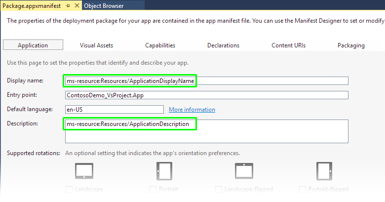 Captura de pantalla del Diseñador de manifiestos de Visual Studio que muestra la pestaña Aplicación con los cuadros de texto Nombre para mostrar y Descripción resaltados.