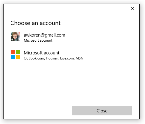 Captura de pantalla de la ventana Elegir una cuenta con las cuentas enumeradas.