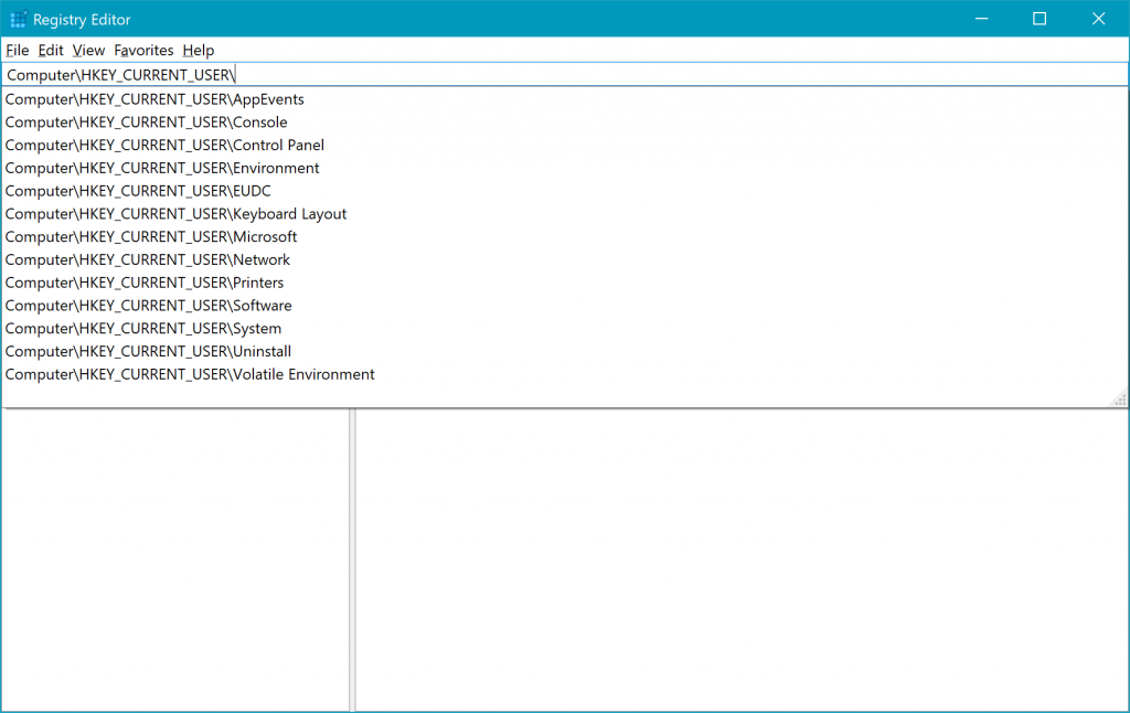 Captura de pantalla de la Editor del Registro en Windows 10 que muestra la lista de finalización de la ruta de acceso.