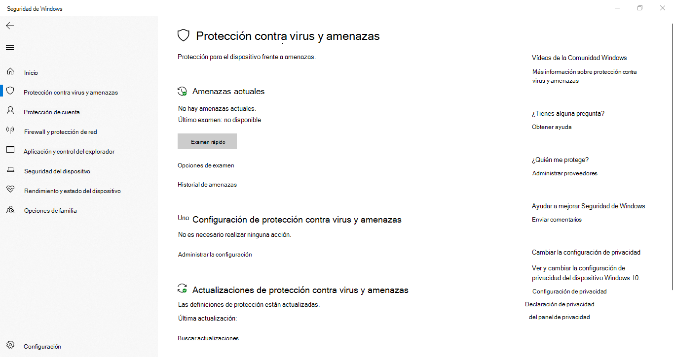 Captura de pantalla de la configuración de protección contra amenazas de Virus & en Windows 10 Enterprise LTSC 2019.