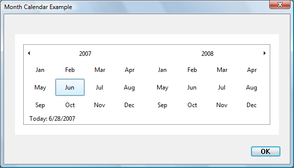 captura de pantalla de un cuadro de diálogo con un control de calendario de mes que muestra todos los meses de 2007 y 2008