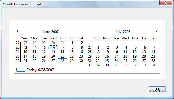 captura de pantalla de un cuadro de diálogo con un control de calendario de mes que muestra dos meses, en paralelo