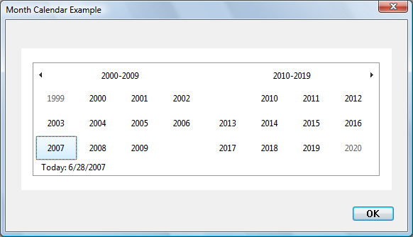captura de pantalla de un control de calendario de mes que muestra todos los años de 1999 a 2020